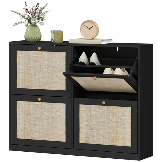 Narrow Shoe Storage Cabinet, Rattan Shoe Cabinet with 4 Flip Drawers and Adjustable Shelves for 20 Pairs, Black Kids Crystal