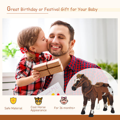 Plush Standing Ride-On Pony for Kids - Brown Cowboy Horse Toy with Neighing Sound