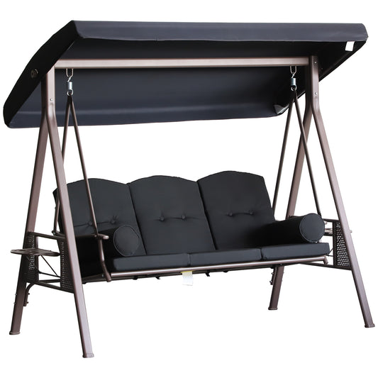 3-Person Porch Swing Chair Heavy Duty Outdoor Lounge Hammock with Cushioned Seat and Tilt Canopy Black Kids Crystal