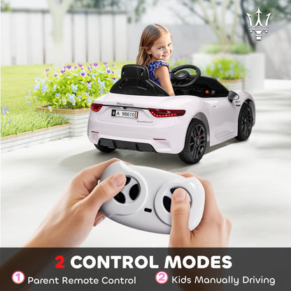 12V Maserati Gran Turismo Licensed Kids Electric Car w/ Remote Control, Soft Start, LED Lights, Music, Horn, MP3, White