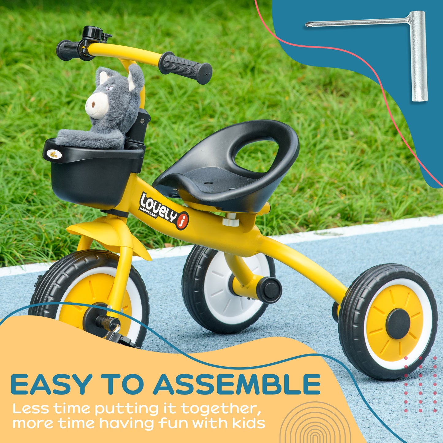 Pedal Power: Adjustable Toddler Tricycle with Basket, Bell, 2-5 Years, Yellow for Girls and Boys Kids Crystal