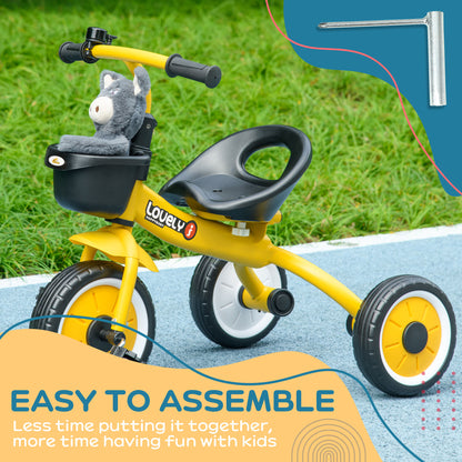 Pedal Power: Adjustable Toddler Tricycle with Basket, Bell, 2-5 Years, Yellow for Girls and Boys