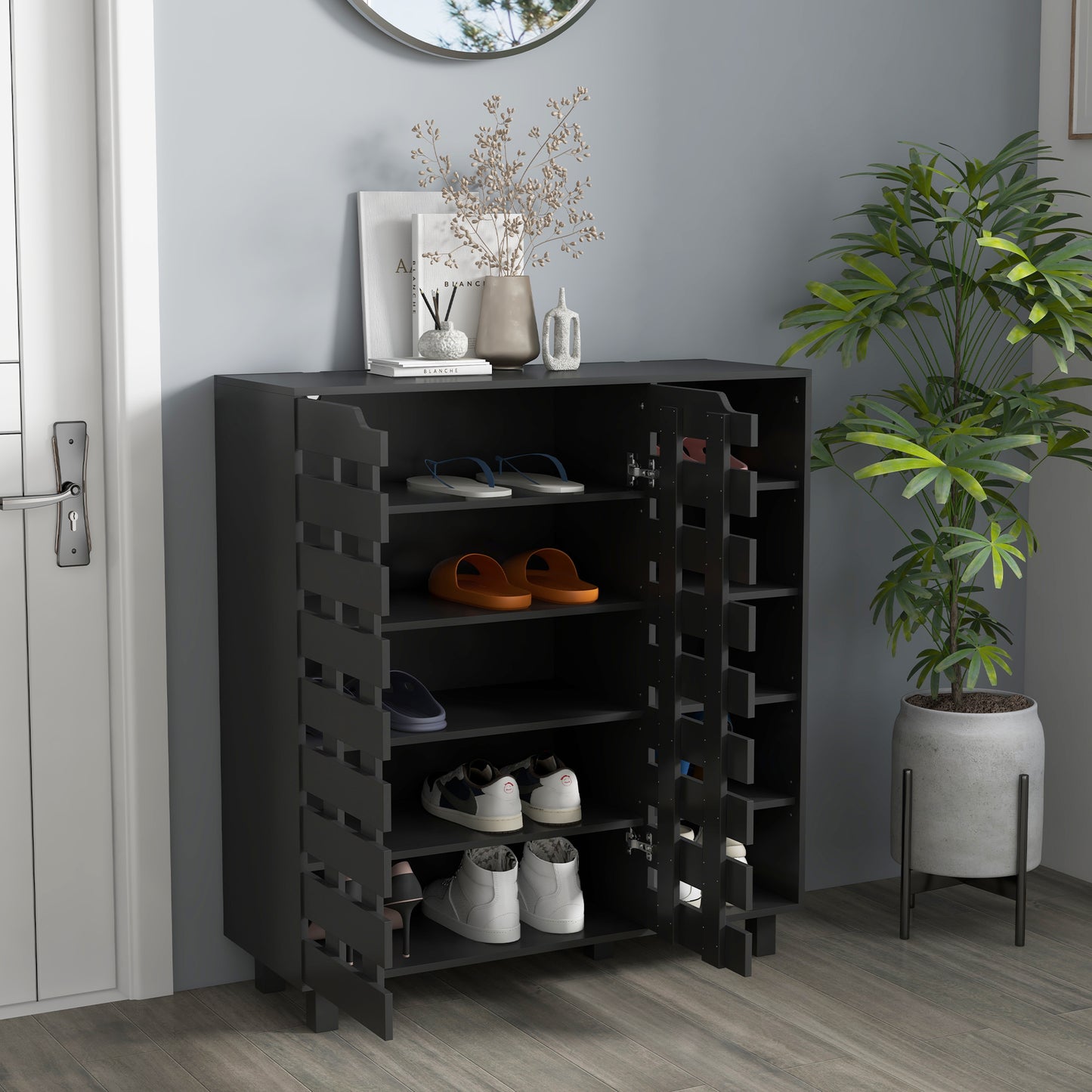 Shoe Storage Cabinet 21 Pair Organizer 5 Tier Double Door Cupboard 5 Tier Open Shelves Kids Crystal