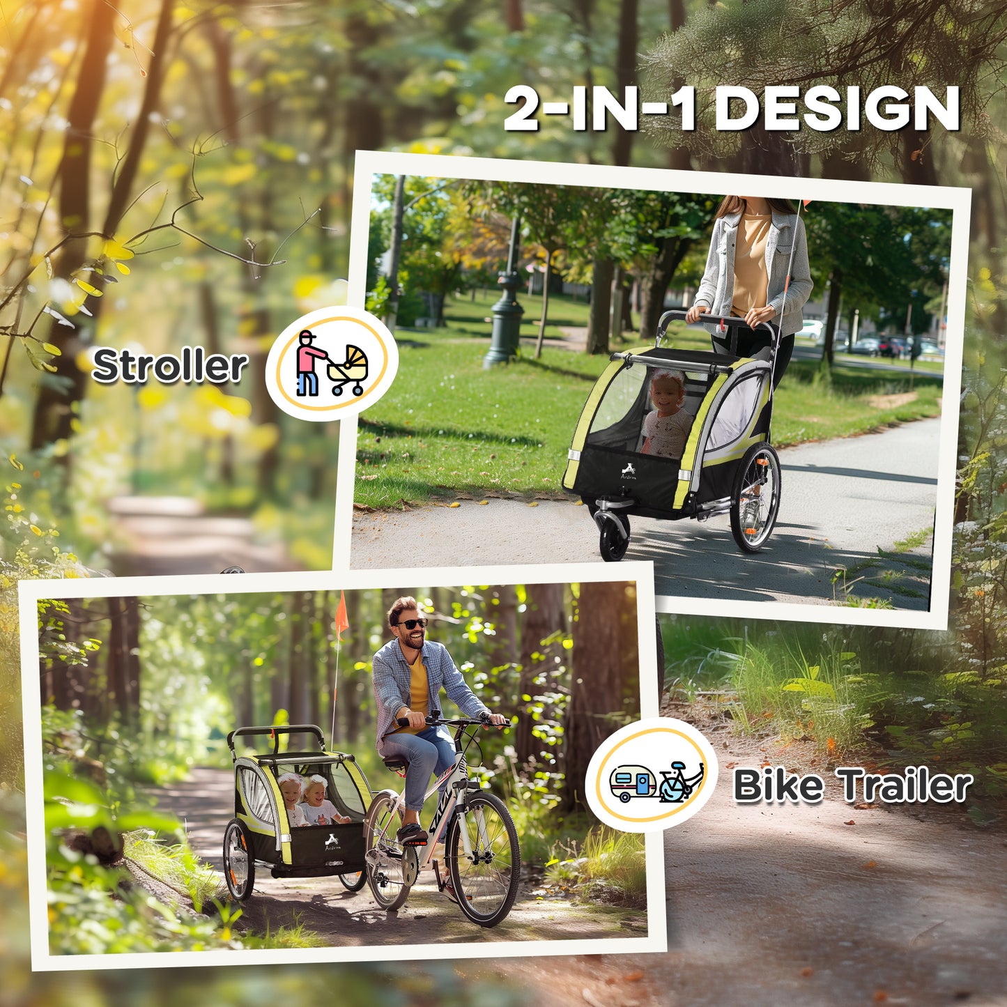 2-in-1 Convertible Child Bike Trailer & Stroller Combo Safety Brake Storage Basket Yellow Color Outdoor Kids Crystal