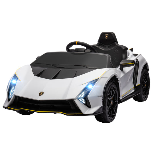 12V Lamborghini Autentica Licensed Kids Car with Remote Control, 4 Wheels Spring Suspension, Soft Start, White Kids Crystal