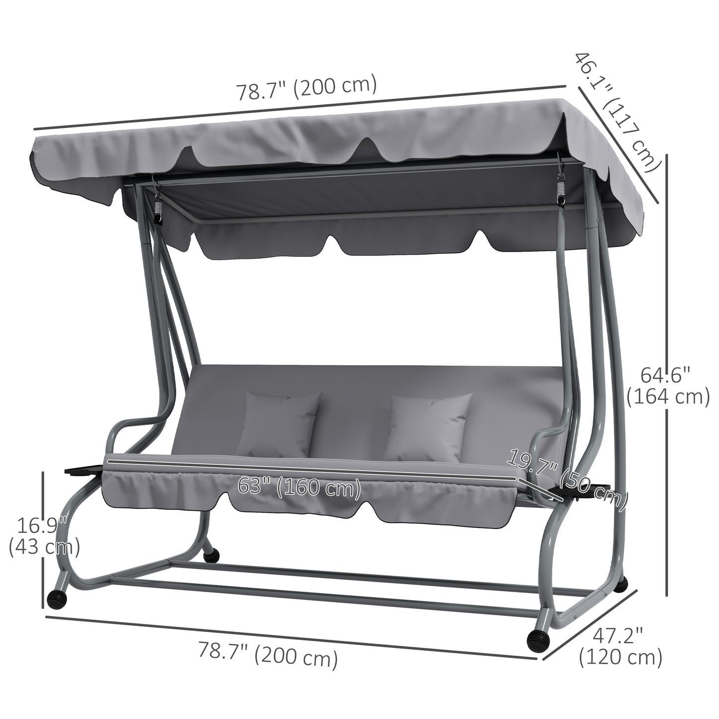 Outdoor 3-Seater Patio Swing Chair, Outdoor Swing Seat, with Adjustable Canopy and Two Pillows for Garden, Light Grey Kids Crystal