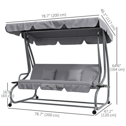 Outdoor 3-Seater Patio Swing Chair, Outdoor Swing Seat, with Adjustable Canopy and Two Pillows for Garden, Light Grey