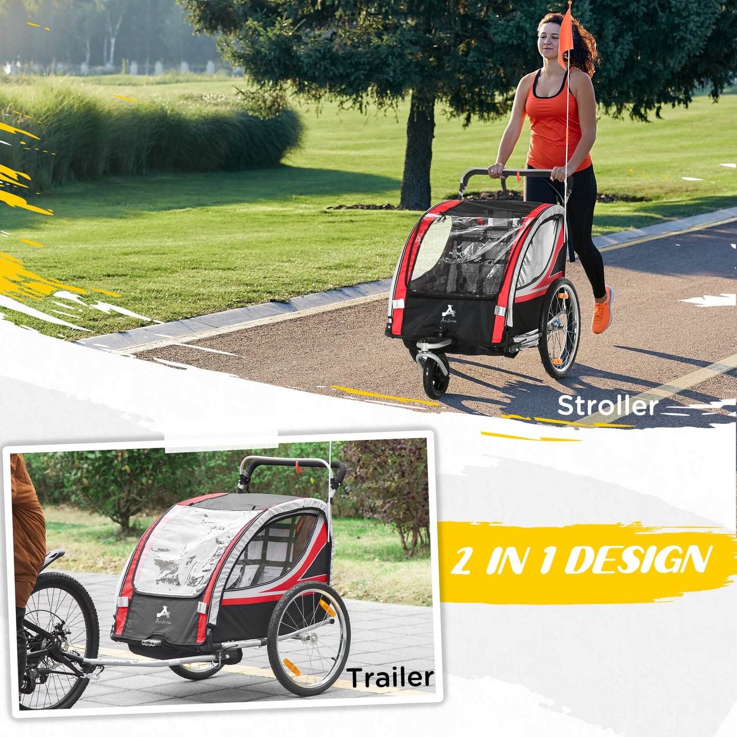 2-in-1 Child Bike Trailer & Stroller, Safety Brake, Storage, Reflective, Red, 5-Point Harness Kids Crystal