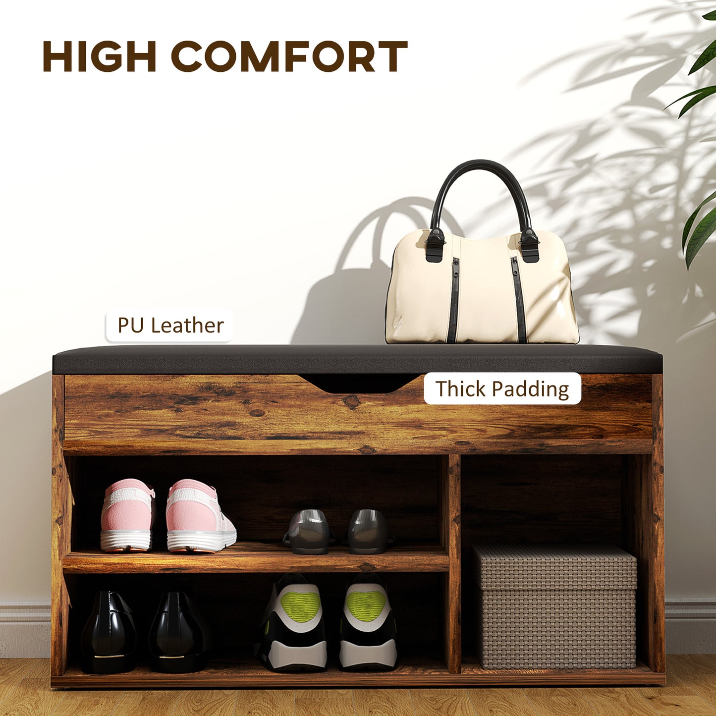 Shoe Bench Entryway Storage Rack with Padded Cushion, Hidden Storage for Hallway, Living Room, Rustic Brown Kids Crystal