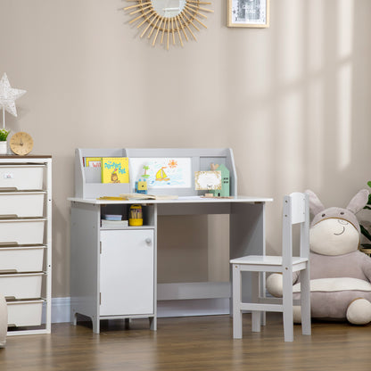 2Pcs Kids Desk Chair Set with Whiteboard Storage Shelves Study Furniture Grey