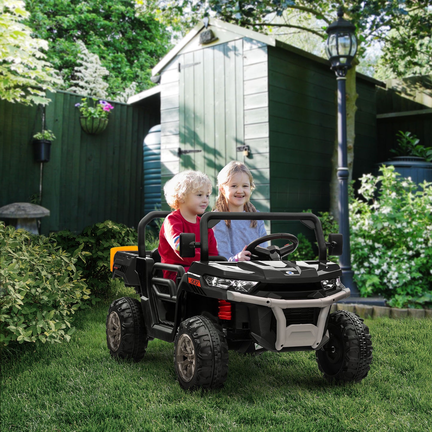Kids Ride On Car 12V Battery Powered 2 Seater Truck with Remote Control Music Lights Spring Suspension Black Kids Crystal