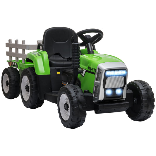 12V Electric Tractor for Kids - Ride-On with Trailer, Battery Powered, Remote Control, Music, Start-Up Sound & Horn, Green Kids Crystal