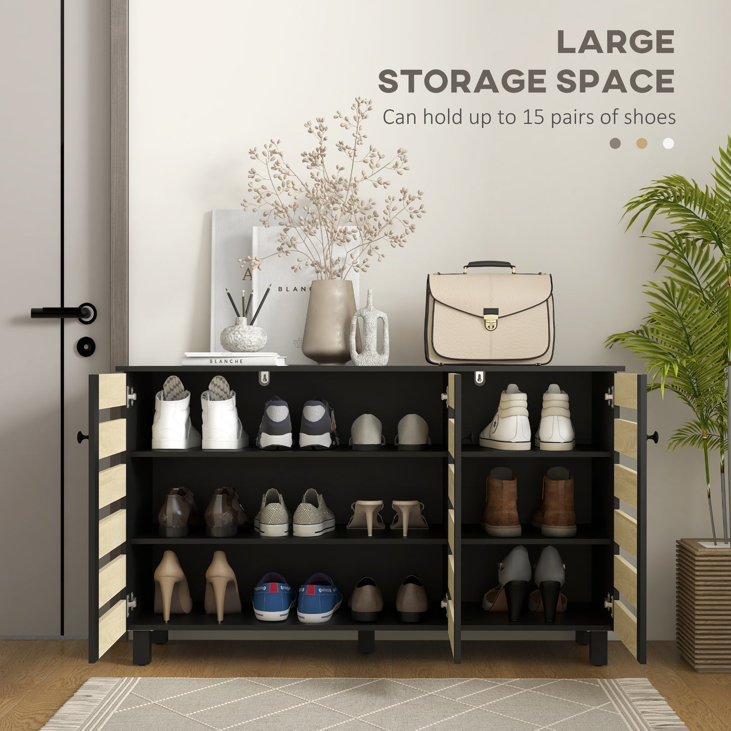 Rustic Shoe Storage Cabinet: 3 Slatted Doors, Adjustable Shelves for 15 Pairs, Entryway Organizer Kids Crystal