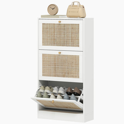 Rattan Shoe Storage Cabinet with 3 Flip Drawers and Adjustable Shelves, Entryway Shoe Cabinet for 18 Pairs, White
