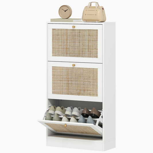 Rattan Shoe Storage Cabinet with 3 Flip Drawers and Adjustable Shelves, Entryway Shoe Cabinet for 18 Pairs, White Kids Crystal