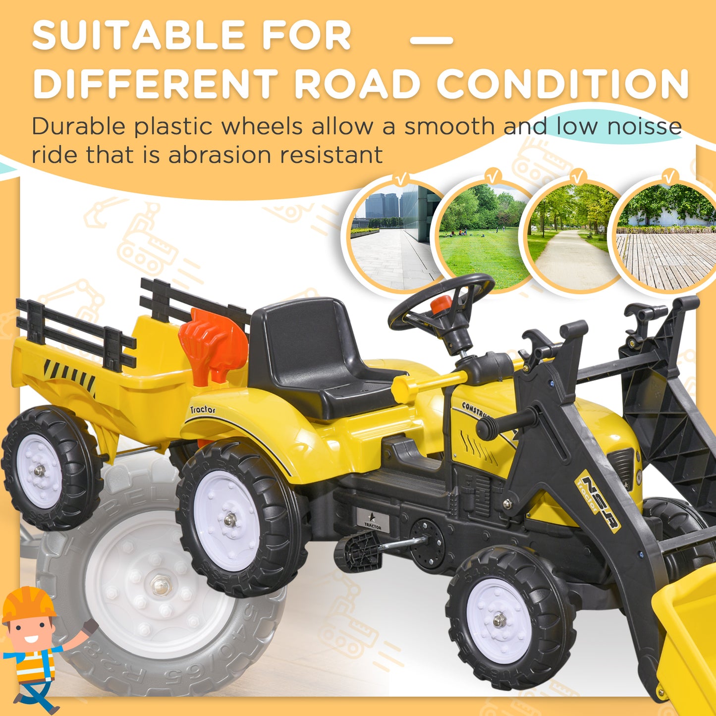 Front Loader Excavator Ride On Toy Pedal Control W/ 6 Wheels Controllable Bucket for 3-6 Years old Kids Crystal