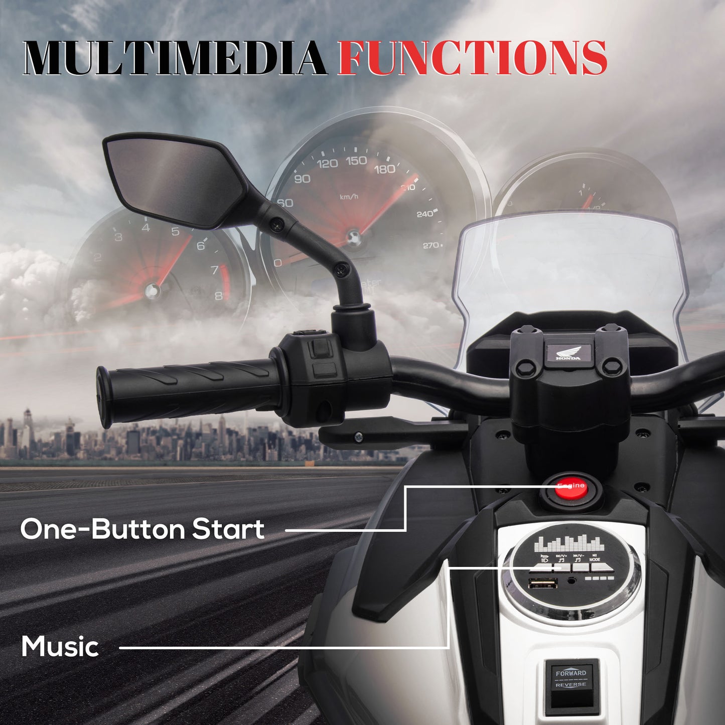 Honda Licensed 12V Ride on Motorbike for Kids with Headlights Music Training Wheels, for 3-6 Years, White Kids Crystal
