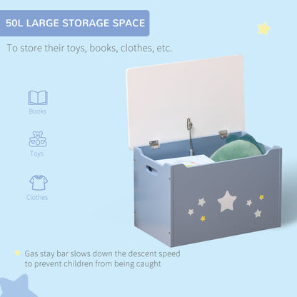 Wooden Toy Storage Box Organizer Chest with Seating Bench and Gas Stay Bar for Kids Room Blue