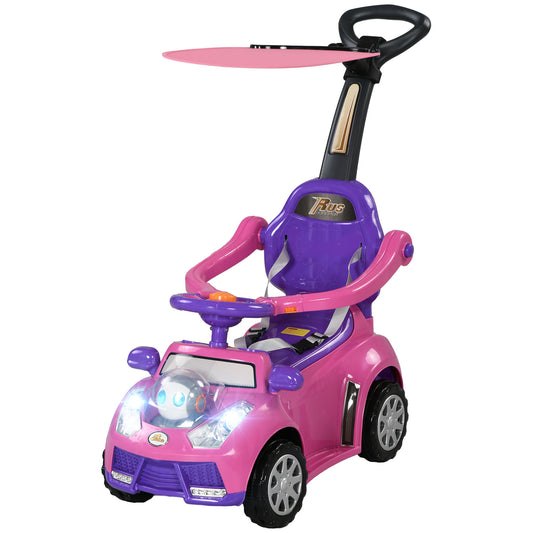 3 in 1 Kids Push Car Toddler Sliding Car, Foot to Floor Design with Music, Light, Handle, Removable Canopy, Pink Kids Crystal