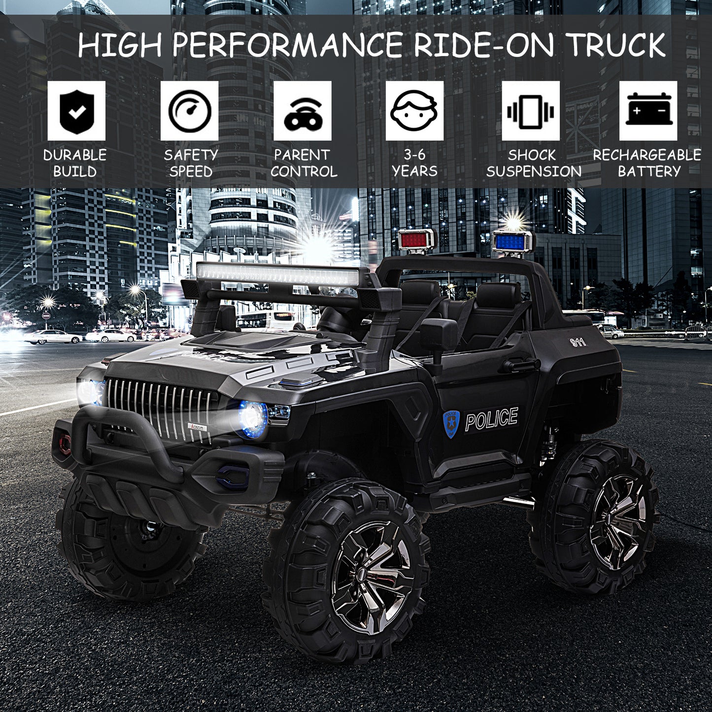 12V Kids Police Truck Ride-On Car RC 2-Seater with LED Lights MP3 Parental Remote Control Black Kids Crystal