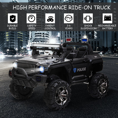 12V Kids Police Truck Ride-On Car RC 2-Seater with LED Lights MP3 Parental Remote Control Black