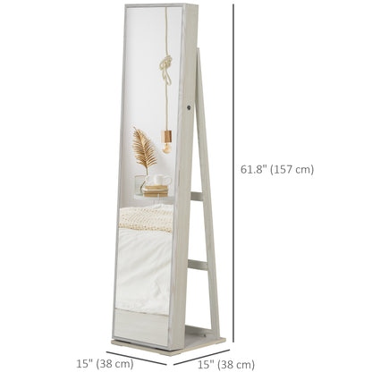 Lockable Jewelry Cabinet Standing Armoire Full Length Mirror LED Lights White Jewelry Organizer