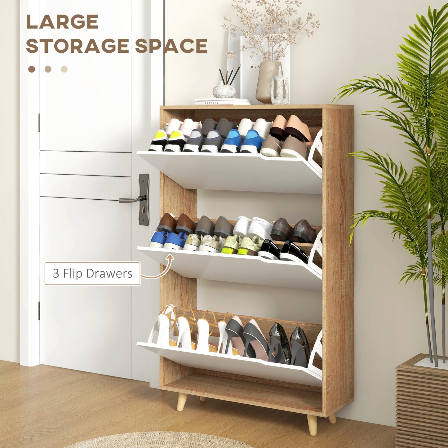Slim Shoe Storage Cabinet with 3 Flip Drawers and Adjustable Shelves, Shoe Cabinet for 18-24 Pairs, White Kids Crystal