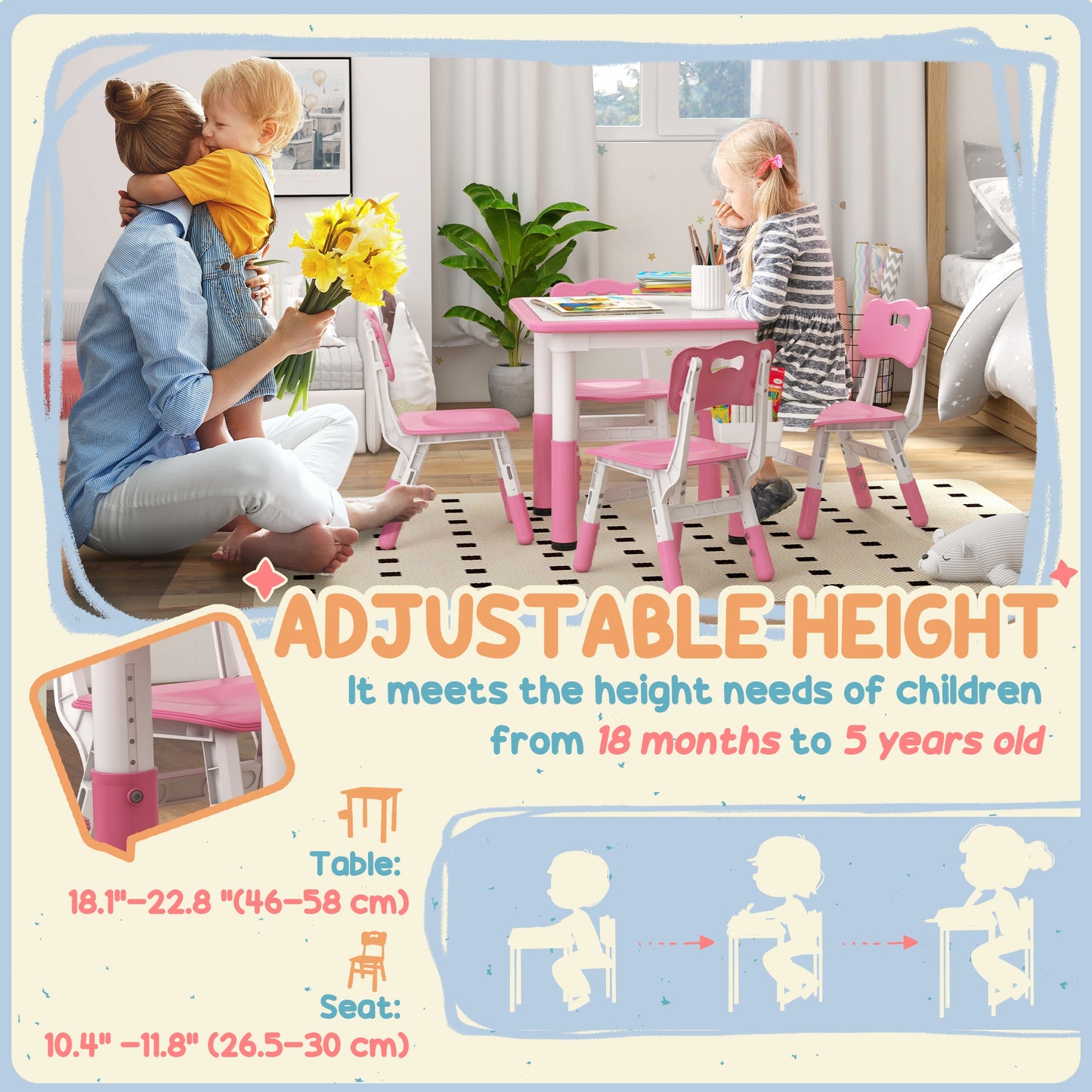 5 Piece Toddler Table Chair Set Height Adjustable Activity Set Nursery Classroom Playroom Furniture Pink
