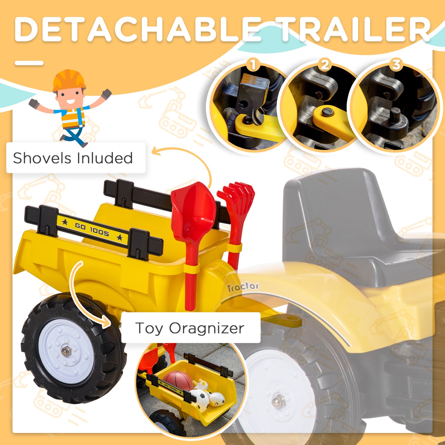Yellow Ride-On Pedal Digger Construction Car with Horn Detachable Trailer Kids Toy Vehicle Kids Crystal