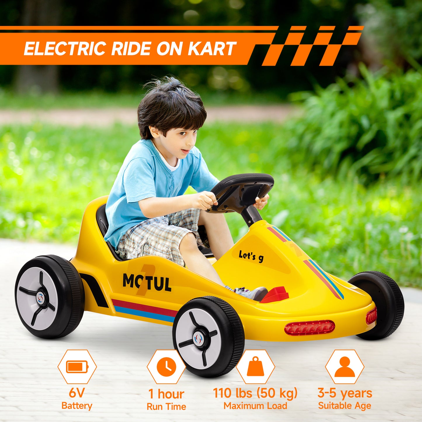 6V Electric Go Kart for Aged 3-5 Kids with Music, Light, Horn, Yellow Kids Crystal