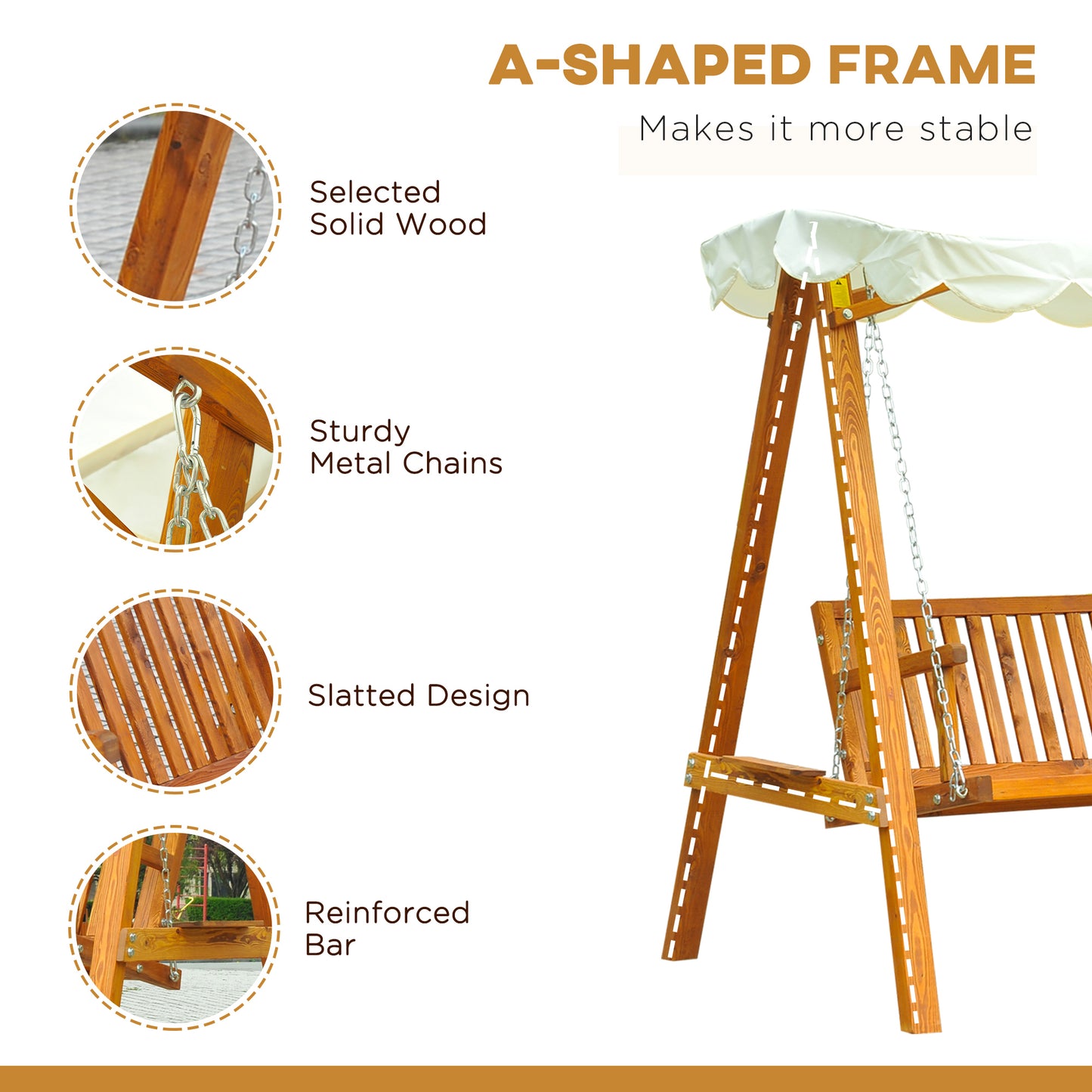 80" Patio Swing Chair with Canopy Outdoor Wooden Swing Bench Hammock for Garden, Poolside, Backyard Kids Crystal