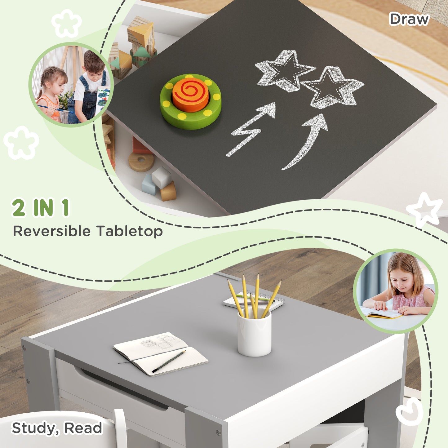 3-Piece Kids Playroom Set with Reversible Tabletop, Blackboard, Storage & Bookshelf in Grey