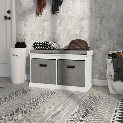Shoe Storage Entryway Bench Seat with Cushion 2 Fabric Drawers for Hallway White