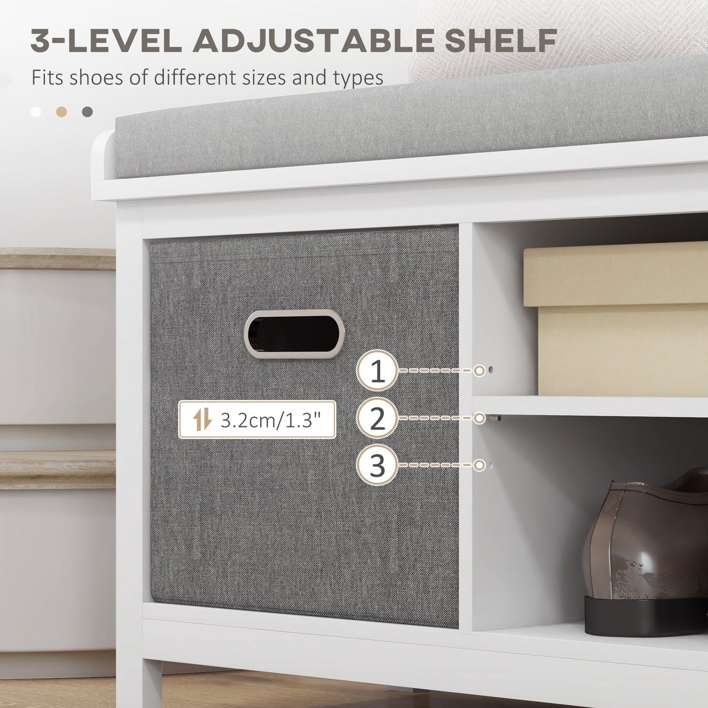 White Entryway Shoe Storage: Comfortable Cushioned Bench with 2 Drawers & Adjustable Shelf Organizer Kids Crystal