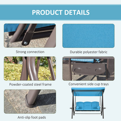Outdoor Patio 3-Person Steel Canopy Cushioned Seat Bench Swing with Included Side Trays & Padded Comfort, Light Blue