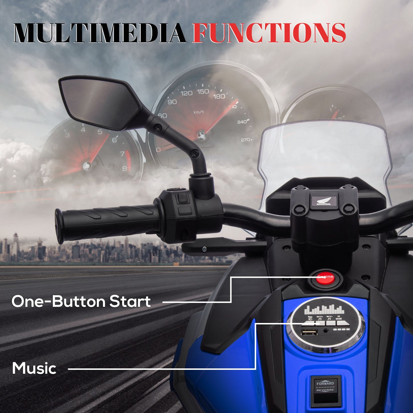 Honda Licensed 12V Ride on Motorbike for Kids with Headlights Music Training Wheels, for 3-6 Years, Blue Kids Crystal