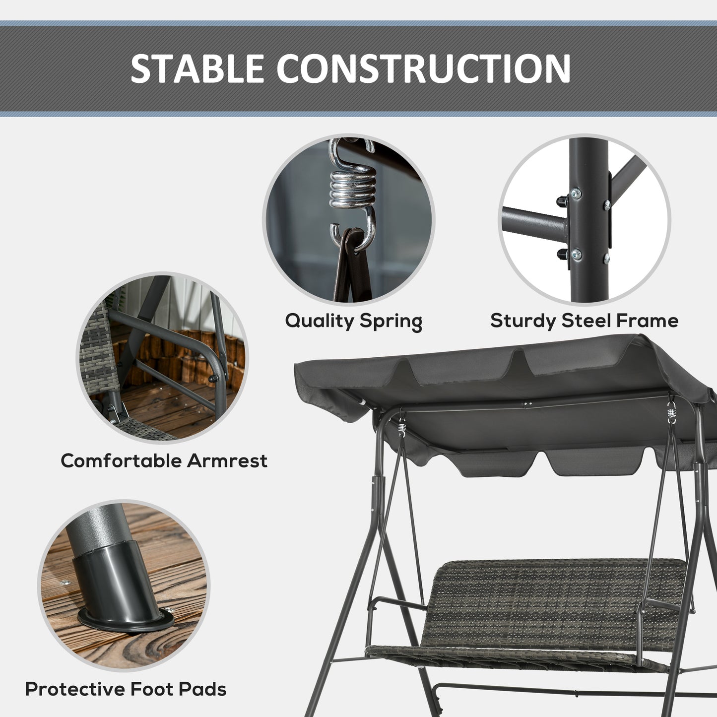 3 Seater Rattan Outdoor Patio Swing with Adjustable Canopy and Stand for Garden Porck Backyard, Grey Kids Crystal