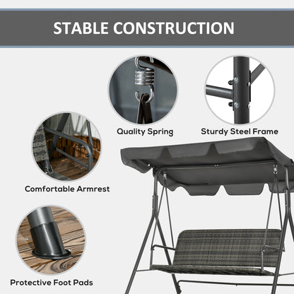 3 Seater Rattan Outdoor Patio Swing with Adjustable Canopy and Stand for Garden Porck Backyard, Grey