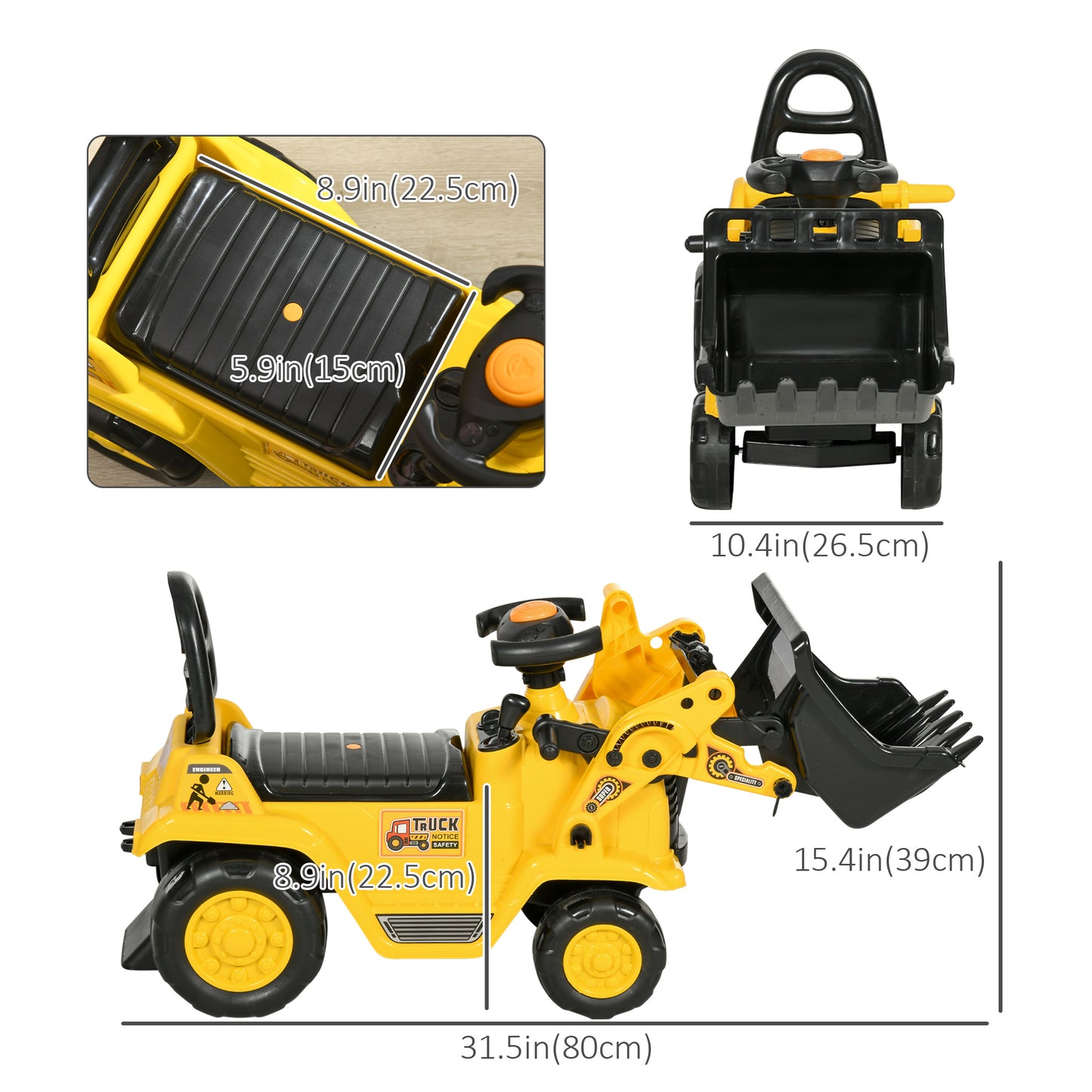 Kids Ride-On Bulldozer Toy with Excavator Bucket Horn Steering Wheel Under Seat Storage for Toddlers Yellow Kids Crystal