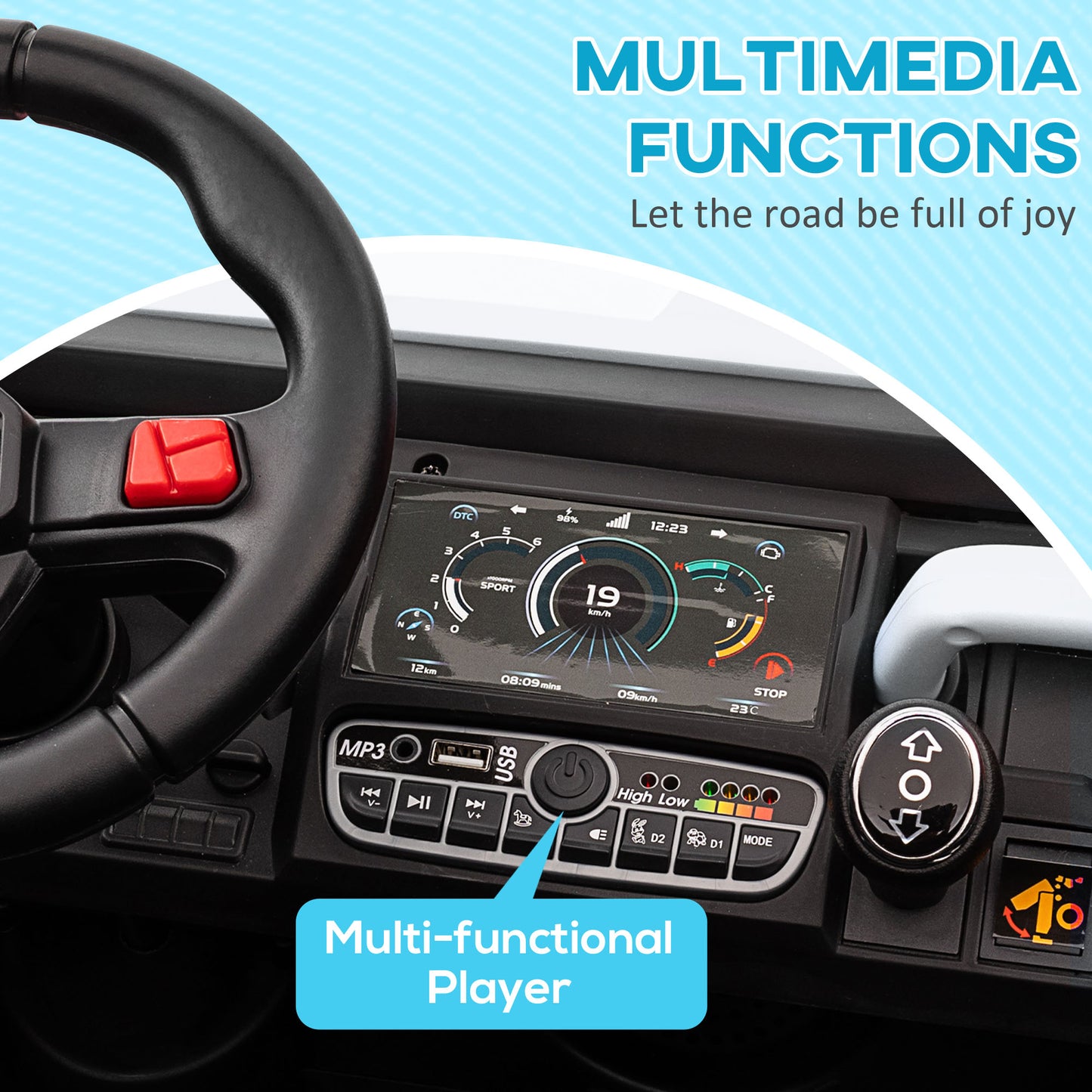 12V Ride-On Car 2-Seater Electric Bucket Shovel Remote Control Spring Suspension Horn Music White Kids Crystal