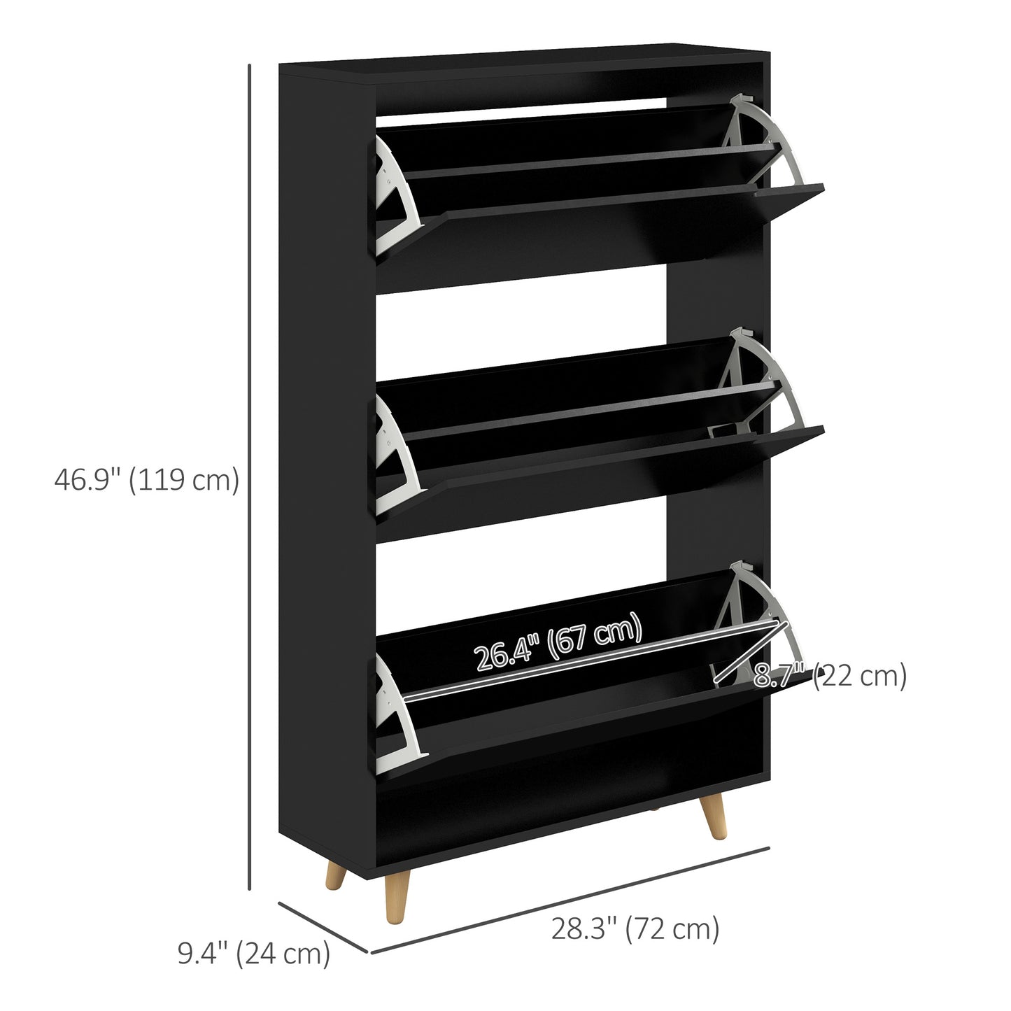 Slim Shoe Storage Cabinet 3 Flip Drawers Adjustable Shelves for 18-24 Pairs Black Kids Crystal