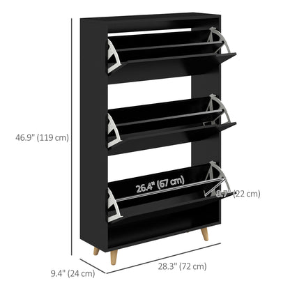 Slim Shoe Storage Cabinet 3 Flip Drawers Adjustable Shelves for 18-24 Pairs Black