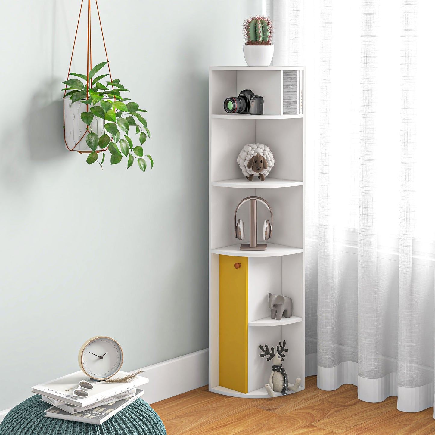 Corner Convenience: 5-Tier Bookshelf with Storage Cupboard Door Organizer for Home Office, White Finish Kids Crystal