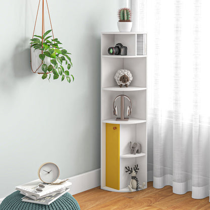 Corner Convenience: 5-Tier Bookshelf with Storage Cupboard Door Organizer for Home Office, White Finish