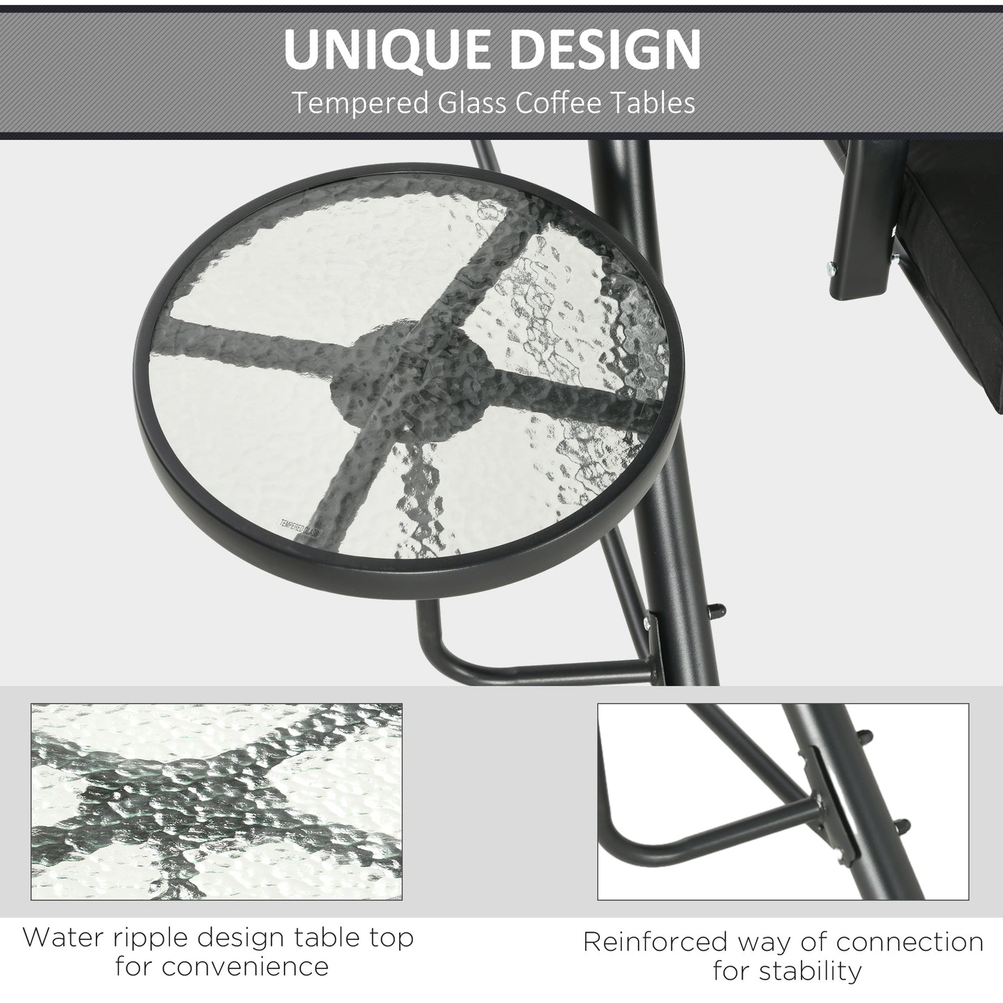 3 Seat Outdoor Swing Bench with Adjustable Canopy Coffee Table Cushions for Patio Garden Black Kids Crystal