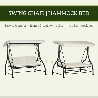 Convertible Patio Swing Bed with Canopy and Cushions, 3 Seater Porch Swing for Outdoor, Backyard, Garden, Cream White