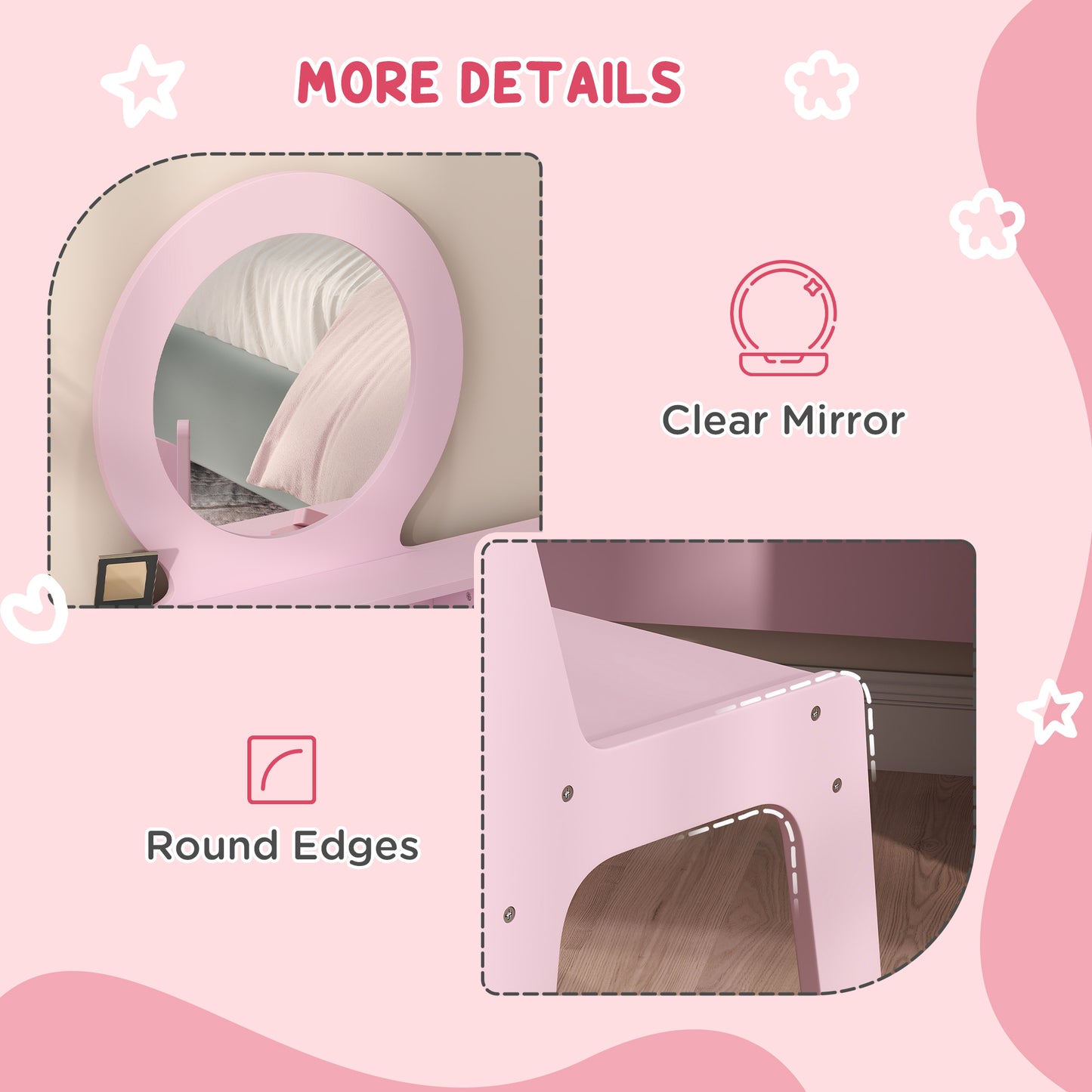Kids Vanity Set, Children Makeup Table with Mirror, Stool and Storage Drawers, for Ages 3-8, Pink Kids Crystal