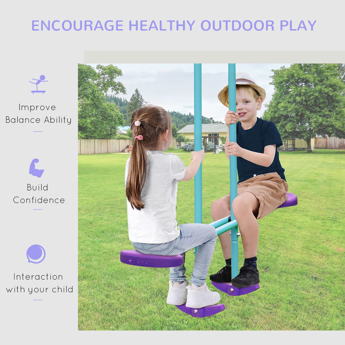 Swing Set for Kids with Glider, 2 Swing Seats, Heavy Duty A-Frame Metal Stand Outdoor Playground Playset, Purple Kids Crystal