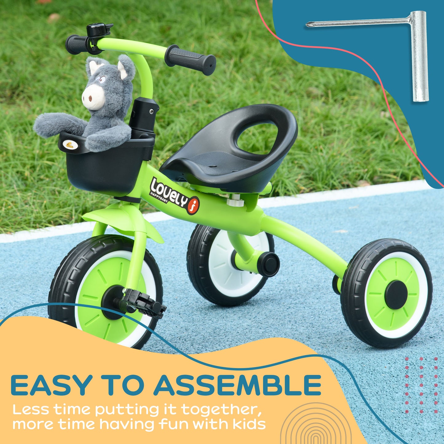 Kids Tricycle: Adjustable Seat 2-5 Years, Basket, Bell, for Girls/Boys, Green, Toddler Trike Kids Crystal