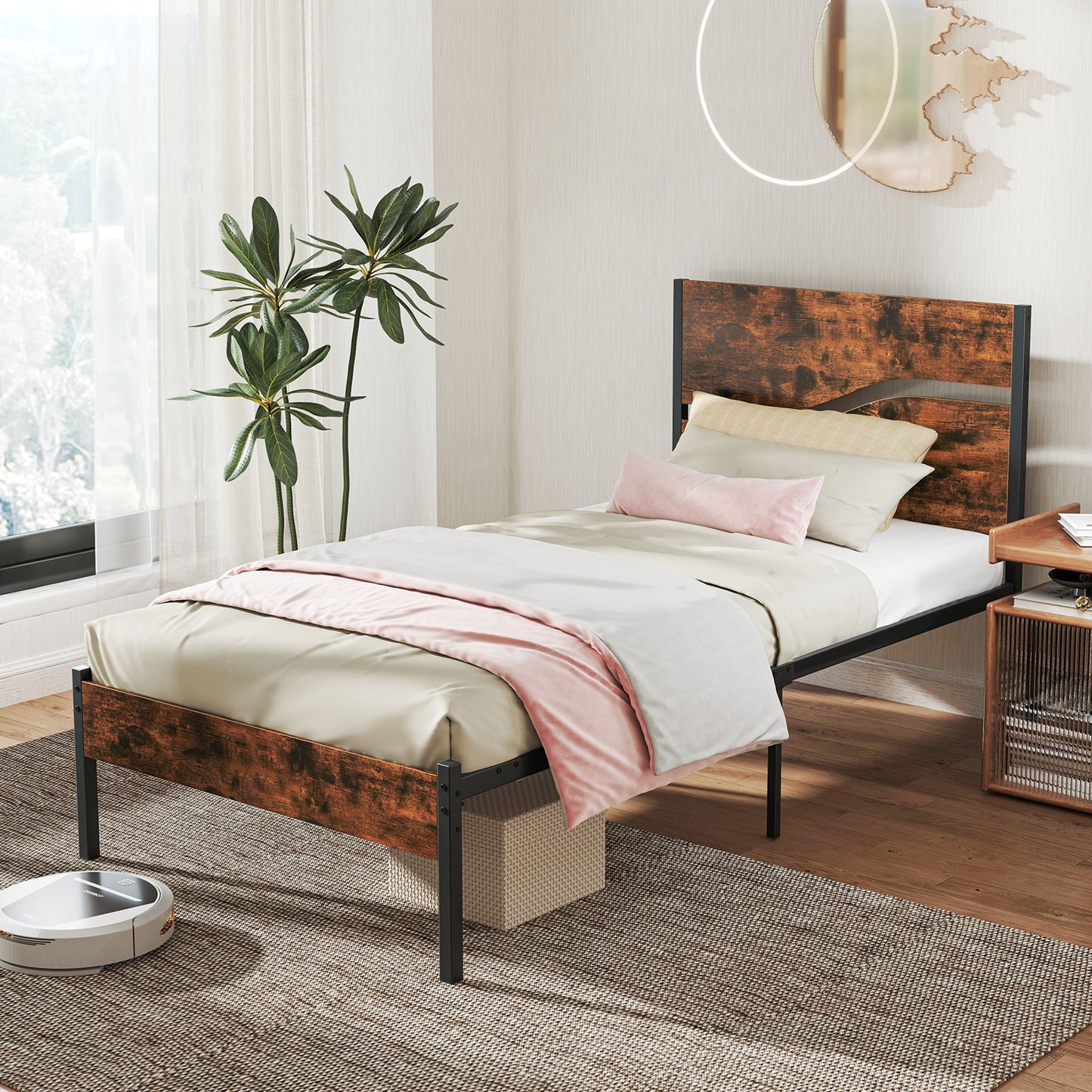 Twin/Full/Queen/King Metal Bed Frame with Wooden Headboard and Footboard-Twin Size Kids Crystal